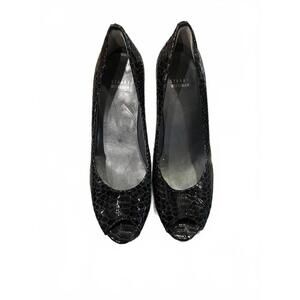 Stuart Weitzman Dark Brown Snakeskin Pattern 3.5 Inch Heels Peep Toe Size 9.5M